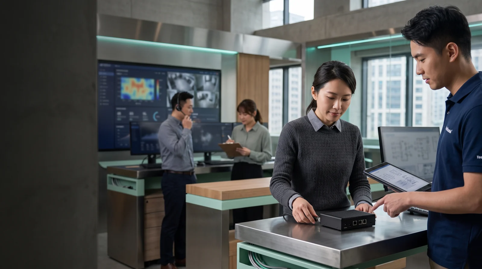 企業營運團隊共同檢視 AI 彙整的設備與服務資訊